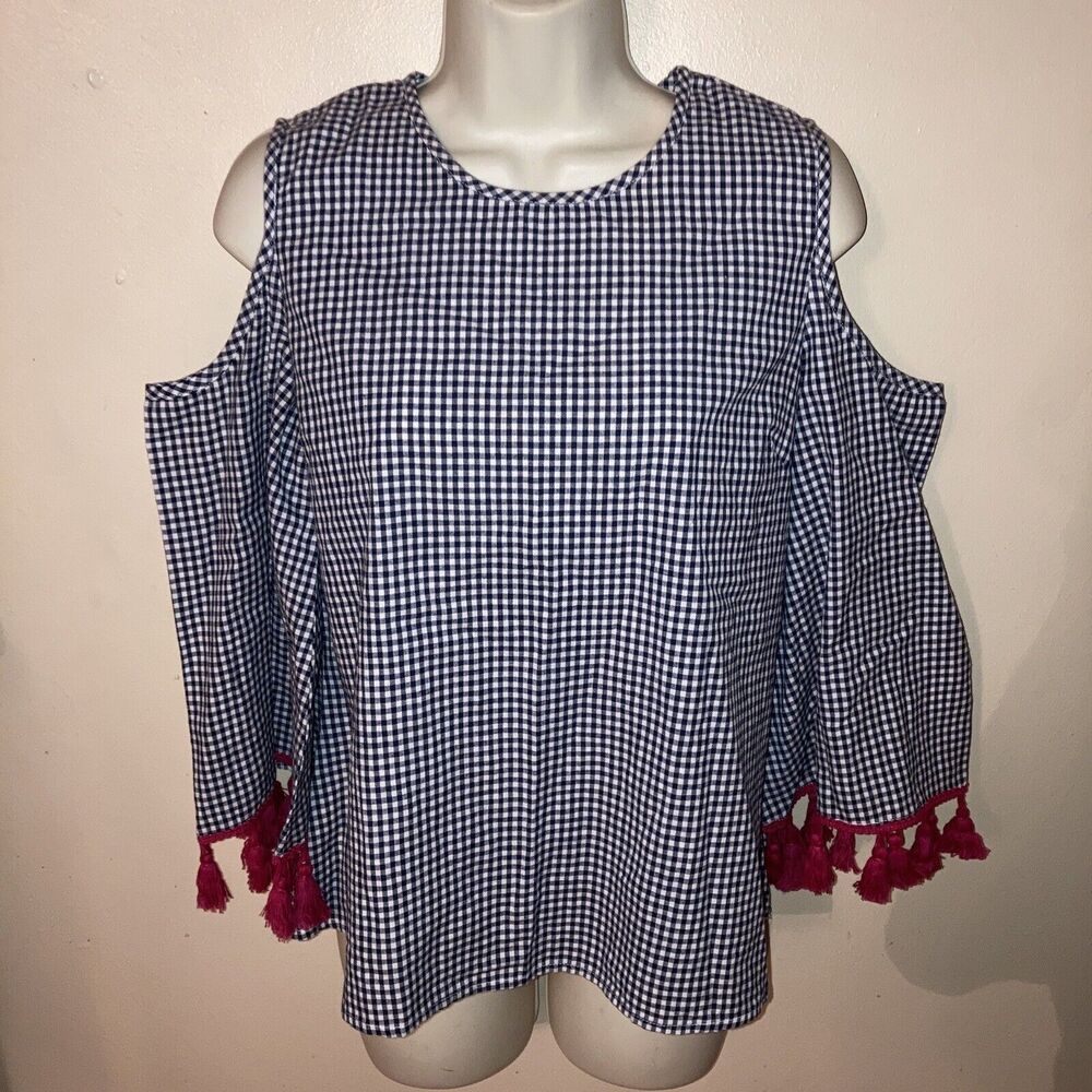 CHARLIE PAIGE BLOUSE COLD SHOULDER LONG SLEEVE PLAID BLUE/WHITE/RED TOP SZ S